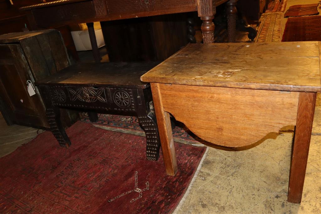 An 18th century oak wall cabinet, width 55cm, depth 28cm, height 61cm together with a commode and chip carved bow table